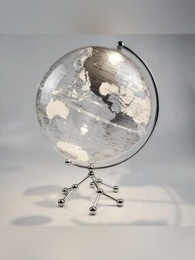 Silver Earth Globe, Desk Lamp, Touch Warm White Light (25 cm/9.9in) World Map